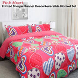 Ramesses Pink Heart Printed Sherpa Flannel Fleece Reversible Blanket Set Single/Double V442-KIT-BLANKET-SHERPAHEART-PINK-DS