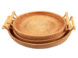 Hand Woven Round Rattan Serving Tray Bread Fruit Dessert Snack Basket with Handles 3 Piece Set V1294-YM0703-3118230027214