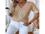 Women's knitted top, summer chic V-neck short sleeved sweater shirt, daily wear, blue M V1366-AZ2-W-14428