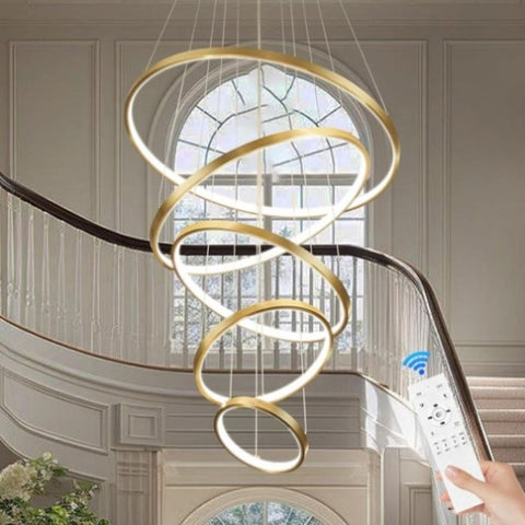 BAMDECOR A18801 Modern LED Chandelier, Dimmable Pendant Light with Remote Control Rings Round V255-BAM-18801/5-GOLD