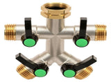 4-Way Brass Garden Hose Splitter, 3/4" NPT Threaded Water Connector, Hassle Free Installation for V1366-AZ2-W-15085