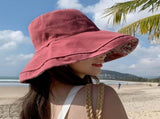 Women Wide Brim Sun Cotton Floppy Packable Reversible Visor Hats, UV Protection Summer Beach V1366-AZ2-W-10765