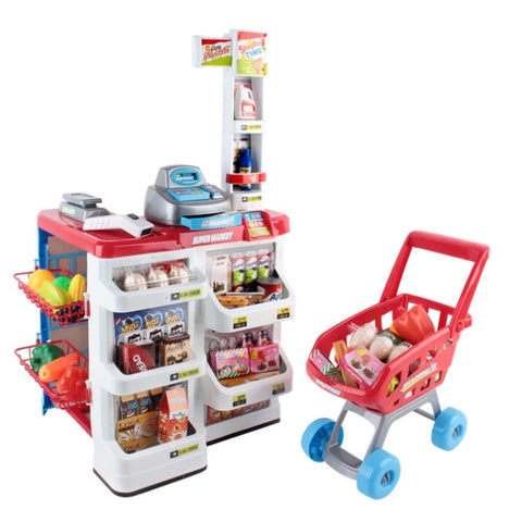 Keezi Kids Pretend Role Play Supermarket 24 Piece Playset Cash Register Trolley PLAY-MARKET-TROLLEY