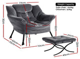 Artiss Armchair Accent Chair Ottoman Lounge Footrest Velvet Grey UPHO-I-ARM01-FS-GY