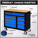 HORUSDY 42 inch 8 Drawer Tool Cabinet 1000 lbs Wood Top Power Strip Casters Blue V465-86514