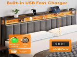 King Bed Frame with 2 Storage Drawers and LED Lights Headboard, Upholstered Bed Frame with Charging V1127-AU-2452KN-GRY