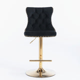 2x Height Adjustable Swivel Bar Stool Velvet Studs Barstool with Footrest and Golden Base- Black V226-SW1912BK