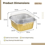 200PCS Mini Cake Pans, 5oz Small Cake Containers with Lids, Aluminum Foil Baking Cups, Golden Square V1369-AZ3-W-08757