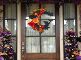 Spooky Halloween Wreath for Front Door - 14 Inch Crescent Moon Wreath with Black Cat, Bat & Rose V1366-AZ2-W-16600