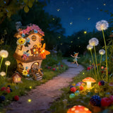 Butterfly Orange Mushroom Flower House Solar Light, resin waterproof fairytale design, automatic V1232-MGWD-001