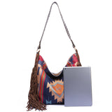 Bohemian Style Canvas Hobo Bag with Tassels & Geometric Print - Large Capacity Shoulder Bag V888-ELOSUNG29790