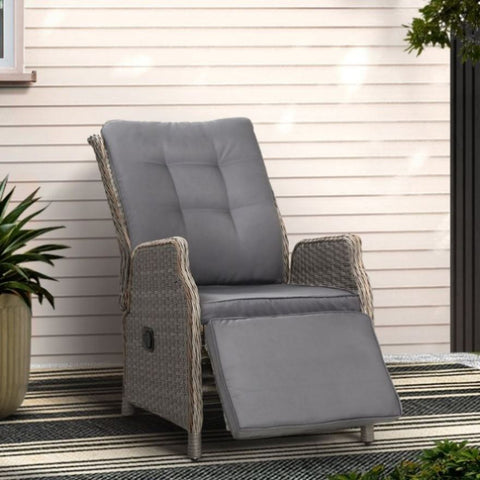 Gardeon Recliner Chairs Sun lounge Wicker Lounger Outdoor Furniture Patio Adjustable Grey ODF-RCL-RW-FT-GE