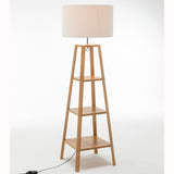 Eiffel 3 Tier Natural Wood Floor Lamp w/ Storage Shelves + Off White Linen Shade V563-75173