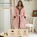 Women's Pink Coral Fleece Hooded Bathrobe with Leopard Print Trim - Soft Plush Wrap Robe with V888-ELOSUNG54472