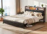 Artiss Double Bed Frame with LED Lights Storage Headboard 2 USB 2 AC Outlets Charging Station BFRAME-J-MEL-D-BK-AB