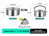 2-Piece Food Grade Stainless Steel Camping Cookware Set with 1.1L Kettle and Medium Stew Pot V888-ELOSUNG55180-6