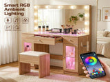 Artiss Dressing Table Vanity Desk Set LED Bulbs RGB Light Wood FURNI-L-DRESS11-WD-AB