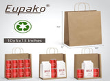 Eupako Kraft Shopping Bags 10x5x13 - 100 PCS Brown Paper With Handles, Gift Bulk, Party Favor, V1259-DP01-F-46
