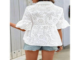 Women Embroidery Eyelet Crop Top Short Sleeve Button Down Blouse White M V1369-AZ3-W-11511