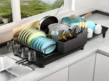 extendable dish drying rack, rust proof dish rack, auto drain dish rack, utensil and cup holder, V1102-122-68423-BLK-BLACK