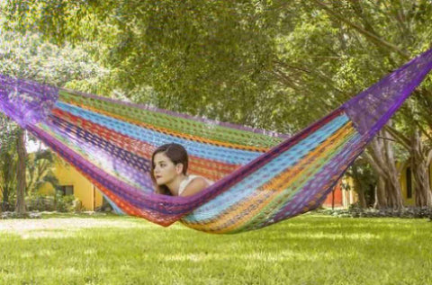 Mayan Legacy Queen Size Outdoor Cotton Mexican Hammock in Colorina Colour V97-TQCOLORINA