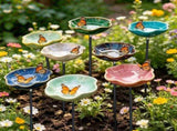 Colorful Glazed Ceramic Butterfly Water Dish With Ground Metal Stake, Shallow Pollinator Drinking V1366-AZ2-W-16890