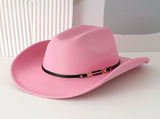 Western Cowboy Hat - Pink Wide Brim Cowboy Hat with Leather-Look Band, Metal Rivet and Square Buckle V888-ELOSUNG57114-2