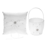 7 * 7 inches White Satin Rhinestone Decorated Ring Bearer Pillow and Wedding Flower Girl Basket Set V1294-YM0901-H21028
