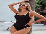 Women's Black One Piece Swimsuit with White Trim Adjustable Strap, Ribbed, High Cut for Sports & V1107-BLACK ONE PIECE SWIMSUIT-XXL
