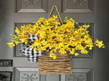 Spring front door flower wreath, yellow wildflower door hanging basket flower wreath, seasonal V1366-AZ2-W-13462