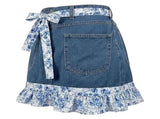 1Pack Denim Floral Half Apron, Adjustable Waist Apron with Ruffle Hem Tie Belt for Cooking, Baking V1192-AZ-W-28185