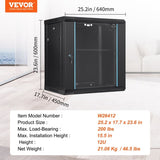 Wall Mount Network Server Cabinet, 393.7 mm Deep, Server Rack Cabinet Enclosure, 90.72 kg Max. V952-WLJJGHB12U155L3S8V0