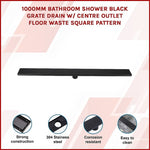 1000mm Bathroom Shower Black Grate Drain w/Centre outlet Floor Waste Square Pattern V63-832931