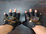 Steampunk Compass Half - Finger Gloves Pure Sheepskin with Gear Decor, Retro Mechanical Style, V1232-PKST002