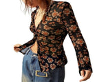 Button Down Shirts for Women Fall V Neck Long Sleeve Ruched Mesh Fitted Floral Print Boho Tops Red V1370-AZ4-10421