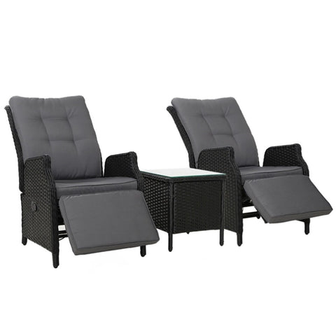 Gardeon 3PC Recliner Chairs Table Sun lounge Outdoor Furniture Wicker Adjustable Black ODF-RCL-RW-FT-3BK