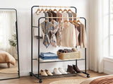 Artiss Clothes Rack Double Rod Airer Rail Coat Stand Hanger Storage Shelf HANGER-B-11-2T-BK
