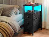 Levede Bedside Table Slim Bedside Table with LED Charging Station Black NI1059-BK-3-AU