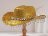 Gold Rhinestone Fringe Cowboy Hat - Sparkling Western Party Hat with Round Gemstone Band and Crystal V888-ELOSUNG57115-2