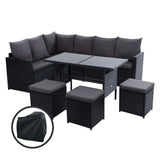 Gardeon Outdoor Dining Set Sofa Lounge Setting Chairs Table Ottoman Black Cover ODF-SDBOSS-3OTM-BK-COVER