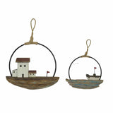 Set 2 Handcrafted Round Boat / Beach Wall Art 28cm V637-12815WAL