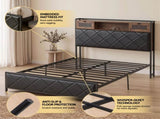 Artiss Double Bed Frame with LED Lights Storage Headboard 2 USB 2 AC Outlets Charging Station BFRAME-J-MEL-D-BK-AB