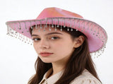 Pink Cowgirl Hat with Rhinestones and Fringe for Party Decorations V1369-AZ3-W-19212