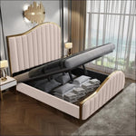 Elegant Luxury King Size Bedframe in Beige with Gas Lift Storage Velvet Fabric Golden Trim V357-STARSHINE-KING-BEIGE