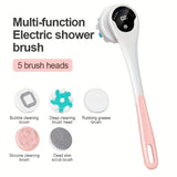 Multi-Function Electric Body Brush 360&deg Rotation, Auto-Cleaning, 5 Brush Heads, 3-Speed Adjustment, V1232-DDMYS001