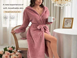Women's Pink Coral Fleece Hooded Bathrobe - Soft Plush Long Sleeve Wrap Robe with Tie Belt, V888-ELOSUNG54475