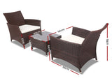 Gardeon 3PC Outdoor Bistro Set Patio Furniture Wicker Setting Chairs Table Cushion Brown ODF-BISTRO-RATTAN-BR