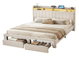 Artiss Queen Upholstered Bed Frame with Shelf Storage Drawers Charging Station Mood Lighting Linen BFRAME-G-NOUVEA-Q-BG-ABC