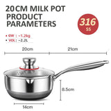 20cm 316L Stainless Steel Saucepan Compound Steel Honeycomb Nonstick Sauce Pan with Glass Lid 2.2L V255-20CMMILKPOT