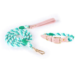 Green Hand-Woven Rainbow Cotton Rope Dog Leash and Collar Set - Adjustable Veg-Tanned Leather Trim V888-ELOSUNG18440